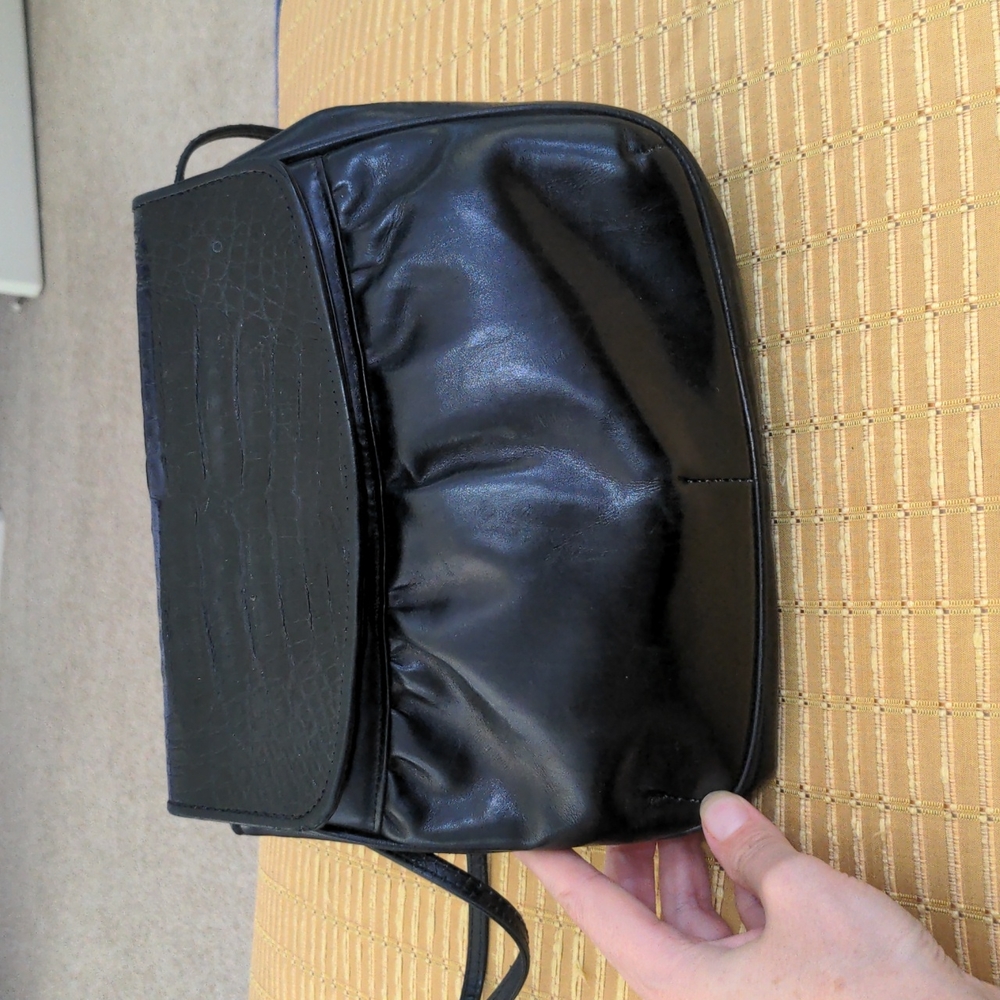 Small black Italian leather handbag with alligator detail and thin strap